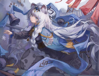 1girl animal_ear_fluff animal_ears arknights bell black_dress blue_cloak braid cloak commentary_request dress highres jewelry long_dress long_hair long_sleeves looking_at_viewer mumu_millhayes necklace official_alternate_costume outdoors parted_lips pramanix_(arknights) pramanix_the_prerita_(arknights) ryuuzaki_ichi snow_leopard_ears snow_leopard_girl snow_leopard_tail snowflakes solo stairs standing twin_braids very_long_hair wavy_hair white_hair