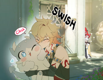 1girl 2boys aged_down arm_tattoo armlet black_gloves black_shirt black_tank_top blonde_hair blush chest_tattoo chimera_(honkai:_star_rail) clawed_gauntlets closed_eyes coat commentary creature facial_tattoo gloves gold_necklace gradient_hair highres holding holding_creature honkai:_star_rail honkai_(series) jewelry kiss kissing_cheek male_focus medium_hair multicolored_hair multiple_boys mydei_(a_trail_of_bygone_blood)_(honkai:_star_rail) mydei_(honkai:_star_rail) necklace official_alternate_costume one_eye_closed phainon_(honkai:_star_rail) phainon_(vigethos)_(honkai:_star_rail) prdam red_hair shirt symbol-only_commentary tank_top tattoo trianne_(honkai:_star_rail) tribbie_(honkai:_star_rail) trinnon_(honkai:_star_rail) white_coat white_hair