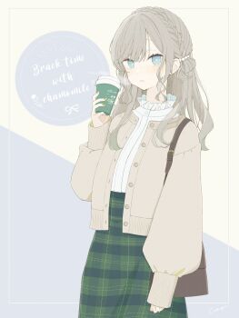 1girl akiyu bag blue_eyes braid bright_pupils brown_bag brown_hair brown_jacket collar cowboy_shot crown_braid cup disposable_coffee_cup disposable_cup english_text flower frilled_collar frills green_skirt hand_up handbag heart highres holding holding_cup jacket long_hair long_skirt long_sleeves looking_at_viewer mole mole_under_mouth open_clothes open_jacket original parted_lips plaid_clothes plaid_skirt ribbon shirt sidelocks signature skirt sleeves_past_wrists solo swept_bangs typo white_pupils white_shirt yellow_nails