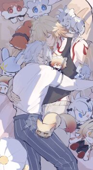 Rule 34 | 2boys, antenna hair, arm tattoo, baleinefallen, black pants, black tank top, blonde hair, braid, brown pants, character doll, chest tattoo, chimera (honkai: star rail), chinese commentary, closed eyes, commentary request, cuddling, doll, facial tattoo, gradient hair, highres, honkai: star rail, honkai (series), male focus, medium hair, multicolored hair, multiple boys, mydei (fig stew) (honkai: star rail), mydei (honkai: star rail), on bed, pants, parted bangs, phainon (honkai: star rail), phainon (vigethos) (honkai: star rail), red hair, red tattoo, shirt, short hair, short sleeves, side braid, sleeping, tank top, tattoo, white hair, white shirt, yaoi
