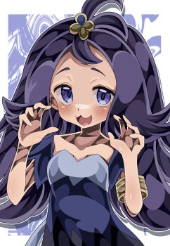 1girl :3 absurdres acerola_(pokemon) armlet big_hair border breasts commentary_request dress hands_up highres jewelry long_hair looking_at_viewer nintendo open_mouth outside_border pokemon pokemon_sm purple_dress purple_eyes purple_hair shiki_(kisikisi1007) small_breasts solo upper_body white_border