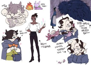 1girl 2boys apron arrow_(symbol) asymmetrical_bangs black_footwear black_hair black_pants blue_dress blue_eyes blush braid braided_ponytail buttons calcifer cloak closed_mouth collarbone commentary_request cosplay crossdressing dark-skinned_male dark_skin dress earrings eating egg_(food) fire food fork fried_egg gen_6_pokemon goomy hair_over_one_eye heart high-waist_pants highres holding holding_fork howl_no_ugoku_shiro howl_pendragon howl_pendragon_(cosplay) jewelry korean_commentary korean_text long_sleeves looking_down markl markl_(cosplay) marnie_(pokemon) multicolored_hair multiple_boys nintendo pants piers_(pokemon) plate pokemon pokemon_swsh raihan_(pokemon) shirt shoes sophie_hatter_(cosplay) sophie_hatter_(howl_no_ugoku_shiro) translation_request trembling two-tone_hair waist_apron white_hair white_shirt zigzagdb