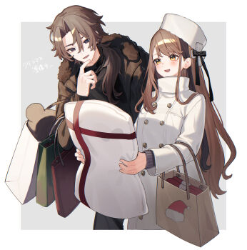 1boy 1girl :d bag brown_eyes coat commentary_request fingernails hat highres holding holding_pillow kino_(m6t2a) long_hair long_sleeves mole mole_under_eye open_mouth original pillow santa_hat shopping_bag smile translation_request white_coat white_hat