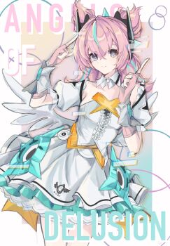 Rule 34 | 1girl, aqua streaks, aria (zenless zone zero), blue eyes, center frills, cowboy shot, crossed bangs, dress, frills, gloves, hair between eyes, highres, looking at viewer, mechanical ears, pink gloves, pink hair, puffy short sleeves, puffy sleeves, sherii dx, short sleeves, smile, solo, white dress, white wings, wings, zenless zone zero