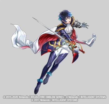 1boy aoi_itsuki armored_boots blue_eyes blue_hair boots cape copyright_notice epaulettes facial_mark fire_emblem fire_emblem_heroes full_body gloves grey_background male_focus mikurou_(nayuta) nintendo official_art open_mouth solo sword teeth tokyo_mirage_sessions_fe weapon