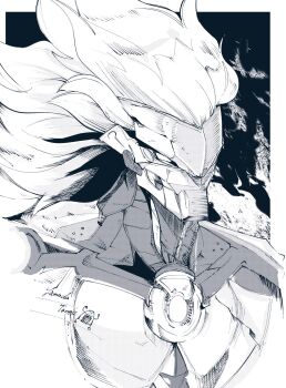 03_kyv 1boy artificial_eye artist_name banyue_(zenless_zone_zero) black_background commentary greyscale highres humanoid_robot long_hair male_focus mechanical_eye metal_skin monochrome orb portrait robot robot_boy solo symbol-only_commentary white_hair zenless_zone_zero