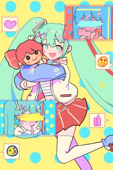 1girl absurdres blush censored censored_identity character_doll doll emoji feet_out_of_frame gabang green_eyes green_hair hair_ornament hatsune_miku highres hugging_doll hugging_object jacket kasane_teto kodoku_psycho_(vocaloid) letterman_jacket long_hair long_sleeves looking_at_viewer midriff multiple_views navel open_clothes open_jacket open_mouth polka_dot polka_dot_background red_skirt shirt shoes skirt smile sneakers speech_bubble striped_clothes striped_shirt thighhighs thumbs_up tongue tongue_out twintails utau vocaloid white_shirt white_thighhighs x_hair_ornament