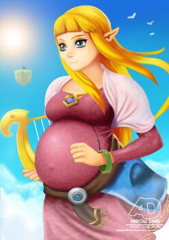 arrowdark artist_logo artist_name bird blonde_hair blue_eyes blue_gemstone cloud cloudy_sky dress fantasy floating_island gem harp highres instrument logo long_hair nintendo outdoors pink_dress pointy_ears pregnant princess princess_zelda shawl sky smile sun sunlight the_legend_of_zelda the_legend_of_zelda:_skyward_sword white_shawl wind