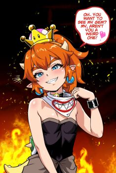 1girl bare_shoulders bib black_leotard blue_eyes blush bowsette_jr. bracelet brooch commentary earrings english_commentary english_text fiery_background fire flat_chest glint grin hand_up heart highres horns jewelry leotard lizard_tail looking_at_viewer mario_(series) new_super_mario_bros._u_deluxe nintendo orange_hair pointy_ears ponytail sharp_teeth short_hair smile solo speech_bubble sphere_earrings spiked_shell spoken_heart strapless strapless_leotard super_crown tail teeth thick_eyebrows tony_kuusisto tsurime turtle_shell upper_body