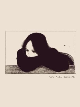 black_hair english_text greyscale head_rest highres long_hair long_sleeves looking_to_the_side monochrome original table tp_p_pt white_background