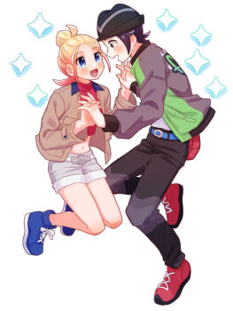 1boy 1girl :d belt black_hat blonde_hair blue_belt blue_eyes blue_shoes blush brown_jacket check_commentary commentary_request cropped_shirt eye_contact grey_shorts hair_bun happy hat highres holding_hands jacket looking_at_another mochi_(mocchi_p_2m) nintendo open_clothes open_jacket open_mouth pants paxton_(pokemon) pokemon pokemon_legends:_z-a print_jacket red_shirt red_shoes shirt shoes shorts smile sparkle taunie_(pokemon) white_background