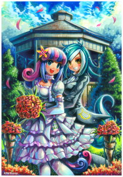 2girls artist_name blue_eyes blue_hair blush bonbon_(my_little_pony) bouquet breasts brown_eyes cleavage commission crossdressing crossdressing_(ftm) day dress elbow_gloves emperpep flower gazebo gloves green_hair hair_flower hair_ornament holding holding_bouquet horns humanization looking_at_viewer lyra_heartstrings medium_breasts medium_hair multicolored_hair multiple_girls my_little_pony my_little_pony:_friendship_is_magic open_mouth outdoors pantyhose parted_lips pink_hair short_hair signature single_horn smile standing tail teeth wedding_dress white_dress white_gloves white_hair white_legwear