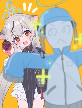 1girl :d absurdres animal_ear_fluff animal_ears aqua_hat aqua_jacket black_coat black_dress blue_archive blue_halo blurry brown_eyes china_dress chinese_clothes coat commentary_request depth_of_field dress frilled_skirt frills fur-trimmed_jacket fur_trim gameplay_mechanics grey_hair grey_trim hair_between_eyes halo hat head_tilt healing highres holding holding_stamp id_card ink_stamp jacket kokona_(blue_archive) long_hair long_sleeves looking_at_viewer multicolored_hair multicolored_jacket notice_lines open_clothes open_coat open_mouth pelvic_curtain punapuraaa scarecrow shanhaijing_secondary_school_logo side_slit sidelocks simple_background skirt sleeveless smile solo streaked_hair tiger_ears tiger_girl white_jacket white_skirt yellow_background zipper zipper_pull_tab