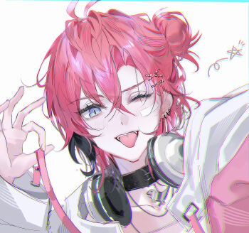 Rule 34 | 1boy, ;p, ahoge, akagi wen, black hair, blue eyes, blush, choker, chromatic aberration, commentary request, dinosaur, earrings, hair bun, headphones, headphones around neck, highres, jacket, jewelry, kokuto (bsmilk), looking at viewer, male focus, multicolored hair, multicolored jacket, multiple earrings, nijisanji, one eye closed, pink hair, pink jacket, portrait, short hair, simple background, single hair bun, solo, star (symbol), streaked hair, teeth, tongue, tongue out, two-tone jacket, upper body, upper teeth only, virtual youtuber, white background, white jacket