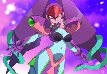 1girl armor blue_skin breasts cleavage colored_skin em_wave_change_(mega_man) gloves henshin kaidou_zx lamia luna_platz_(mega_man) mega_man_(series) mega_man_star_force_(series) midriff monster_girl mouth_veil navel ophiuca_(mega_man) purple_armor purple_gloves queen_ophiuca_(mega_man) red_eyes snake variant_set veil