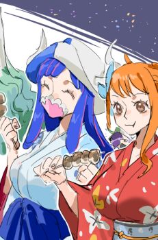 2girls blue_hair blue_kimono breasts brown_eyes closed_eyes closed_mouth commentary eating floral_print floral_print_kimono food hair_ornament hat holding holding_food horns japanese_clothes kimono large_breasts long_hair mask mouth_mask multiple_girls nami_(one_piece) obi one_piece orange_hair print_kimono raine_(acke2445) red_kimono sash single_sidelock symbol-only_commentary takoyaki ulti_(one_piece) upper_body