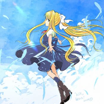 Rule 34 | 1girl, air (visual novel), ascot, black boots, blue feathers, blue skirt, blue sky, blue socks, blue vest, boots, bow, closed mouth, cloud, commentary, copyright name, dated, falling feathers, feathers, floating, from side, full body, hair bow, kamio misuzu, long hair, long sidelocks, looking at viewer, looking to the side, outdoors, outstretched arms, ponytail, puffy short sleeves, puffy sleeves, red ascot, sakai yume, school uniform, shirt, short sleeves, sidelocks, signature, skirt, sky, smile, socks, solo, spread arms, very long hair, vest, white bow, white shirt