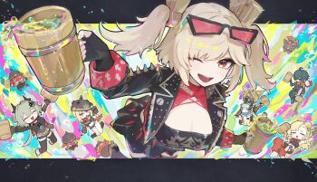1boy 5girls ^_^ animal_ears bangboo_(zenless_zone_zero) black_helmet black_horns black_jacket black_mask black_shirt black_shorts black_skirt black_thighhighs black_tube_top blonde_hair blue_shorts boar breasts burnice_white caesar_king_(zenless_zone_zero) cat_ears cat_girl cat_tail cleavage closed_eyes combat_helmet crop_top cup eyewear_on_head fingerless_gloves furry furry_female gloves green_hair helmet highres holding holding_cup horns jacket large_breasts long_hair luciana_de_montefio lucy&#039;s_crew_(zenless_zone_zero) mask mask_around_neck micro_shorts multiple_girls one_eye_closed orange_eyes pickelhaube piper_wheel pulchra_fellini red-tinted_eyewear sanshoku_dango_(shukosuko) serval shirt short_hair shorts skirt smile sons_of_calydon_(zenless_zone_zero) spiked_jacket strapless tail temporal_hairline thighhighs tinted_eyewear tube_top twintails yellow_fur zenless_zone_zero
