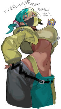 Rule 34 | 1girl, bandeau, belt, black pants, blonde hair, blue hair, blue pants, breasts, canari (pokemon), commentary request, dark-skinned female, dark skin, jacket, large breasts, long sleeves, looking at viewer, mask, medium hair, mouth mask, multicolored hair, navel, nintendo, pants, poke ball, pokemon, pokemon legends: z-a, purple eyes, quick ball, sharekoube, solo, split-color hair, thighs, translation request, twintails, two-tone mask, two-tone pants, yellow bandeau, yellow jacket