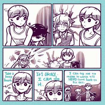 1girl 3boys antenna_hair aubrey_(faraway)_(omori) aubrey_(omori) basil_(faraway)_(omori) basil_(omori) blue_background bright_pupils closed_mouth collarbone collared_shirt double-parted_bangs english_text flower greyscale_with_colored_background hair_between_eyes hair_flower hair_ornament hairband hand_on_another's_head hand_on_another's_shoulder highres kel_(faraway)_(omori) kel_(omori) laser-lance long_hair looking_at_another multiple_boys nervous_sweating omori open_mouth parted_lips scene_reference shaded_face shirt short_hair shorts sidelocks smile speech_bubble sunny_(omori) sweat sweater_vest thought_bubble typo