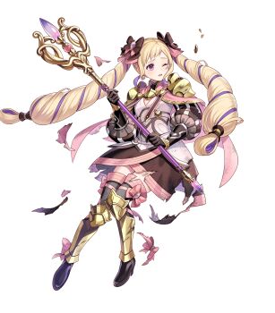 1girl armor armored_boots armored_dress black_boots black_dress black_gloves blonde_hair blush boots bow cape closed_mouth damaged dress drill_hair elise_(fire_emblem) elise_(sincere_sister)_(fire_emblem) fire_emblem fire_emblem_fates fire_emblem_heroes full_body gloves hair_bow highres holding holding_staff long_hair looking_at_viewer mage_staff michi_(iawei) multicolored_hair nintendo non-web_source official_alternate_costume official_art one_eye_closed parted_lips pink_cape purple_eyes purple_hair simple_background smile solo staff thigh_boots torn torn_clothes torn_dress twin_drills twintails