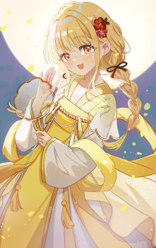 1girl :d blonde_hair blush braid breasts brown_eyes chinese_clothes cleavage collarbone commentary_request fang flower fujita_kotone full_moon gakuen_idolmaster hair_flower hair_ornament hanfu highres holding idolmaster long_sleeves looking_at_viewer low_twintails mao_xiaozha_(rumiechen) moon open_mouth red_flower small_breasts smile solo twin_braids twintails wide_sleeves