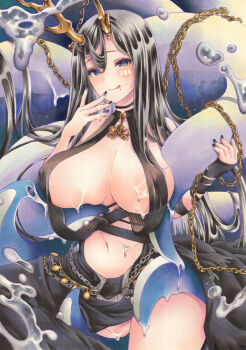 1girl :q antlers asymmetrical_horns azur_lane black_dress black_hair black_nails blue_eyes breast_curtains breasts breasts_apart commentary_request dress golden_hind_(azur_lane) hair_on_horn highres horns long_hair looking_at_viewer marker_(medium) mole mole_under_mouth navel reindeer_antlers revealing_clothes saya_pr solo suggestive_fluid tentacles tongue tongue_out traditional_media very_long_hair
