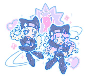 Rule 34 | . ., 2girls, :d, ;d, animal hat, anyoji hime, arms up, beanie, black hat, black leg warmers, black shirt, black shorts, black skirt, blonde hair, blue eyes, blue hair, braid, cat, cat hat, commentary, crotchless, crotchless pants, deformed, frilled skirt, frills, gradient hair, hat, headphones, highres, implied extra ears, leg warmers, link! like! love live!, looking at viewer, love live!, low twin braids, miniskirt, mira-cra park!, multicolored hair, multiple girls, nyao signyal, nyao signyal cat, official alternate costume, one eye closed, open mouth, osawa rurino, pants, pink cat, pink hair, raised fist, shirt, short shorts, shorts, skirt, smile, techimi, twin braids, virtual youtuber, white background