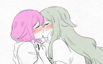 2girls blush closed_eyes commentary english_commentary green_hair hands_on_another&#039;s_face highres holding_another&#039;s_wrist hood hoodie kcmvnd kiss kusanagi_nene long_hair multiple_girls ootori_emu pink_hair project_sekai short_hair white_background yuri