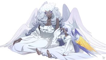 2girls angel angel_wings barefoot black_lips breasts cleavage closed_eyes colored_sclera colored_skin commentary_request dark-skinned_female dark_skin drill_hair emily_(hazbin_hotel) eyeshadow feathered_wings freckles glowing glowing_halo golden_wings grey_sclera grey_skin halo hazbin_hotel hellaverse highres huge_breasts korean_commentary long_eyelashes long_hair looking_at_another makeup messy_hair multiple_girls multiple_wings nallali_nal nightgown open_mouth prosthetic_wing sera_(hazbin_hotel) siblings sisters sitting smile tall_female under_covers very_long_hair waking_up white_eyes white_nightgown wings yawning