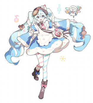 1girl :d ame_ame bag blue_bow blue_dress blue_eyes blue_hair blue_sleeves boots bow brown_boots brown_hat cookie_hair_ornament detached_sleeves double-parted_bangs dress food-themed_hair_ornament footwear_bow frilled_sleeves frills full_body grid_background hair_between_eyes hair_ornament hat hatsune_miku highres long_hair long_sleeves musical_note-themed_food necktie open_mouth outstretched_arm pantyhose pink_bow pink_necktie rabbit_yukine short_necktie short_sleeves simple_background smile snowflakes solo standing standing_on_one_leg striped_clothes striped_pantyhose twintails vocaloid white_background yuki_miku yuki_miku_(2026)