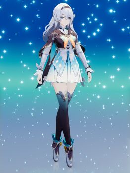 1girl 3d adapted_costume arms_at_sides ballet_boots blender_(medium) bridal_gauntlets finathai firefly_(honkai:_star_rail) full_body hair_ornament hairband high_heels highres honkai:_star_rail honkai_(series) long_hair paid_reward_available pink_eyes reflection solo standing thighhighs white_hair