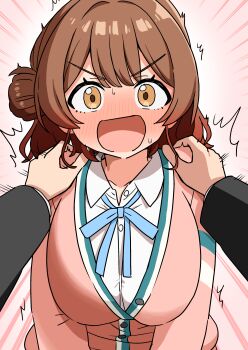 1boy 1girl :o absurdres aroon blue_ribbon blush breasts brown_cardigan brown_hair cardigan commentary_request dress_shirt gakuen_idolmaster gradient_hair hanami_ume hands_on_another's_shoulders hatsuboshi_gakuen_school_uniform highres idolmaster large_breasts looking_at_another multicolored_hair neck_ribbon nervous_sweating nose_blush orange_hair pov pov_hands producer_(idolmaster) ribbon school_uniform shirt sweat v-shaped_eyebrows white_shirt wide-eyed