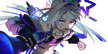 1girl absurdres amane_kanata amane_kanata_(lock_on) black_jacket black_sports_bra blue_hair blue_halo choker colored_inner_hair commentary_request criss-cross_straps demon_horns dog_tags feathered_wings flat_chest floating_hair grey_hair halo highleg highleg_panties highres holding holding_megaphone hololive horns jacket long_hair megaphone mini_wings multicolored_hair navel o-ring o-ring_choker off_shoulder official_alternate_costume open_mouth panties panty_straps pink_streaks ponytail purple_eyes quilted_jacket sauce_darusungi simple_background single_hair_intake solo sports_bra star_halo sticker_on_stomach tilted_halo underwear very_long_hair virtual_youtuber white_background wings