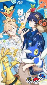 2boys :3 absurdres alternate_color animal animal_on_head applin aventurine_(honkai:_star_rail) blonde_hair blue_background blue_eyes blue_shirt braid commentary cowboy_shot dr._ratio_(honkai:_star_rail) floral_print frown gen_2_pokemon gen_4_pokemon gen_5_pokemon gen_8_pokemon gholdengo great_ball hand_in_pocket hand_up hawaiian_shirt heart highres honkai:_star_rail honkai_(series) hoothoot indigopp laurel_crown legendary_pokemon looking_at_viewer male_focus multicolored_eyes multiple_boys mythical_pokemon nintendo on_head one_eye_closed open_clothes open_shirt pichu poke_ball poke_ball_(basic) pokemon pokemon_(creature) porygon-z purple_eyes red_eyes rotom rotom_(normal) shiny_pokemon shirt short_sleeves simple_background single_braid smile togetic two-tone_eyes ultra_ball victini white_shirt