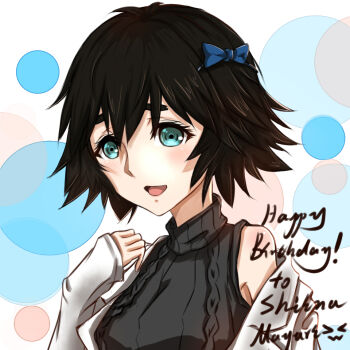 1girl :d bare_shoulders black_hair black_sweater blue_eyes blush bow commentary_request hair_bow happy_birthday jacket looking_at_viewer open_mouth science_adventure shiina_mayuri short_hair simple_background sleeve_pull sleeveless sleeveless_sweater sleeveless_turtleneck sleeves_past_wrists smile solo steins;gate sweater turtleneck unique_(pixiv12704744) upper_body white_jacket