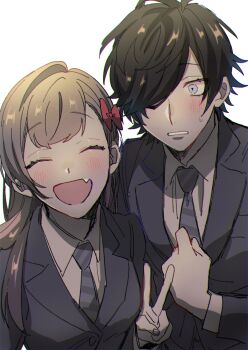 1boy 1girl :d aimono_jyushi asymmetrical_bangs black_hair blazer blue_eyes blush bow breasts brown_hair chromatic_aberration collared_shirt commentary_request diagonal-striped_clothes diagonal-striped_necktie eyelashes facing_viewer fang film_grain fingernails grey_jacket grey_necktie hair_bow hair_over_one_eye hair_over_shoulder hand_on_own_chest hatching_(texture) height_difference highres hypnosis_mic jacket lapels linear_hatching long_hair long_sleeves looking_at_another medium_breasts necktie nishino_(fetv8484) notched_lapels official_alternate_hair_length official_alternate_hairstyle open_mouth original parted_bangs parted_lips raised_eyebrows red_bow school_uniform shirt short_hair side-by-side simple_background skin_fang smile striped_clothes sweatdrop upper_body v white_background white_shirt wide-eyed