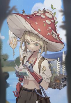 1boy :t absurdres adversarial_noise bishounen blonde_hair blue_eyes blue_sky blurry blurry_background bob_cut brown_shorts cloud colored_eyelashes cropped_shirt device ezra_theodore gloves hat highres holding holding_notebook holding_pencil looking_at_object looking_down mountain mushroom_hat notebook outdoors pencil red_gloves red_hat reverse:1999 shirt short_hair short_sleeves shorts sky solo takiminada tools uneven_eyes upper_body water white_shirt writing