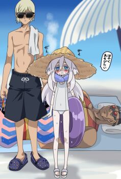 1girl 2boys bag bask_om blue_eyes blue_sky blush commentary_request crocs day deux_murasame expressionless frown gates_capa goggles gundam gundam_gquuuuuux hat head_on_pillow head_steam holding holding_bag holding_swim_ring hot innertube kinkuri_(axsc8mjrt) long_hair looking_at_viewer lying male_swimwear multiple_boys muscular muscular_male no_socks on_back one-piece_swimsuit outdoors pale_skin pillow sandals sky standing straw_hat sun_hat sunglasses sweat swim_cap swim_ring swim_trunks swimsuit topless_male towel towel_on_one_shoulder translation_request umbrella white_hair white_one-piece_swimsuit