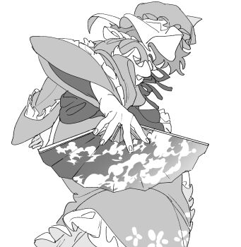 Rule 34 | 1girl, commentary request, folding fan, frilled kimono, frills, greyscale, hand fan, hat, highres, holding, holding fan, japanese clothes, kimono, long sleeves, mero (starfish jcs), mob cap, monochrome, neck ribbon, ribbon, saigyouji yuyuko, sleeve garter, solo, touhou, triangular headpiece, wide sleeves