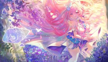 1girl bare_shoulders breasts commentary cyrene_(aedes_elysiae)_(honkai:_star_rail) cyrene_(honkai:_star_rail) cyrene_(ripples_of_past_reverie)_(honkai:_star_rail) detached_sleeves dress flower hair_flower hair_ornament highres honkai:_star_rail honkai_(series) large_breasts long_hair ogawa_kazumi open_mouth pink_hair purple_eyes purple_flower shards short_sleeves smile solo very_long_hair white_dress