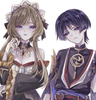 1boy 1girl arm_at_side arm_under_breasts asymmetrical_sleeves bare_shoulders black_bodysuit black_bow black_collar black_dress black_kimono black_sleeves blunt_ends bodysuit bow breasts brown_hair cleavage collar crystal detached_collar detached_sleeves disgust dress eyelashes eyeliner eyeshadow frilled_sleeves frills furisode gem genshin_impact glaring gloves gold gold_trim hair_bow hair_intakes hand_up head_tilt highres japanese_clothes jewelry juban kimono layered_sleeves looking_at_viewer maid_headdress makeup mandarin_collar mitsudomoe_(shape) neck_ring o-ring open_clothes open_kimono parted_lips playing_with_own_hair purple_eyes purple_hair purple_rope purple_sash purple_sleeves red_eyeliner red_eyeshadow red_gemstone red_kimono red_lips red_sash renyupa rope sandrone_(genshin_impact) sash scaramouche_(genshin_impact) shaded_face shimenawa short_hair short_hair_with_long_locks short_sleeves sidelocks single_sode tassel tomoe_(symbol) tsurime white_background white_dress white_gloves white_kimono white_mouth white_rope wide_sleeves wispy_bangs