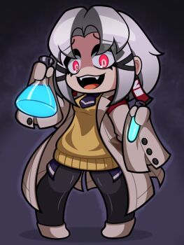 1girl agnes_tachyon_(tach-nology)_(umamusume) agnes_tachyon_(umamusume) agnes_tachyon_(umamusume)_(cosplay) breasts chibi commentary cosplay drake_(nikke) english_commentary flask goddess_of_victory:_nikke hand_up highres holding holding_test_tube lab_coat long_sleeves looking_at_viewer necktie open_mouth pantyhose red_eyes round-bottom_flask short_hair short_necktie sleeves_past_fingers sleeves_past_wrists smile solo standing sweater sweater_vest test_tube uesaka_sumire umamusume virgate voice_actor_connection white_hair yellow_sweater yellow_sweater_vest