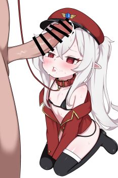 1boy 1girl absurdres bar_censor bdsm bikini black_bikini censored collar commentary commission cum english_commentary flat_chest hat hetero highres leash loli long_hair micro_bikini original penis pointy_ears red_collar red_eyes sitting slave swimsuit thighhighs variant_set white_background white_hair zing_(z_z_zing)