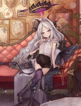 1girl absurdres ahoge amedibi black_coat black_halo black_skirt black_thighhighs blue_archive blush breasts coat couch demon_girl demon_horns demon_wings halo highres hina_(blue_archive) horns indoors long_hair looking_at_viewer low_wings on_couch purple_eyes sitting skirt small_breasts solo thighhighs thighs very_long_hair white_hair wings