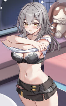 1girl black_bra black_skirt blush bra breasts cleavage clothes_lift commentary_request grey_hair harimoji highres honkai:_star_rail honkai_(series) indoors large_breasts long_hair looking_at_viewer miniskirt navel parted_lips shirt shirt_lift skirt solo stelle_(honkai:_star_rail) stomach stuffed_animal stuffed_toy thighs trailblazer_(honkai:_star_rail) underwear undressing white_shirt yellow_eyes