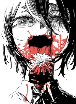 1girl blood blood_in_mouth blood_on_clothes blood_on_face chainsaw_man choker flower flower_in_mouth hair_between_eyes highres looking_at_viewer portrait reze_(chainsaw_man) solo spot_color ssambatea tongue tongue_out