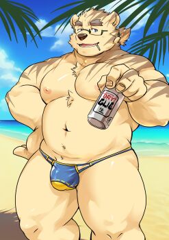 1boy absurdres animal_ears ass bara beach bear_boy bear_ears beer_can belly blue_male_swimwear blue_sky bulge can cloud commentary drink_can ellie_saionji english_commentary furry furry_male glasses hand_on_own_hip highres holding holding_can leib_(housamo) male_focus male_swimwear navel nipples ocean open_mouth pectorals plump ponytail sand shore sky smile tokyo_houkago_summoners topless_male unlit_cigarette_in_mouth