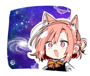1girl animal_ears bow bowtie brown_hair cat_ears cat_girl kemonomimi_mode kino_himari meme open_mouth pink_eyes red_bow red_bowtie sasayaku_you_ni_koi_wo_utau short_hair solo space_cat_(meme) striped_bow striped_bowtie striped_clothes takeshima_eku