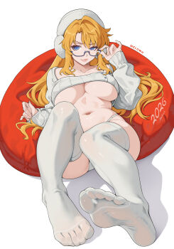 1girl absurdres black-framed_eyewear blonde_hair blue_eyes breasts closed_mouth freezing_(series) glasses grey_hat grey_sweater grey_thighhighs hat highres large_breasts long_hair long_sleeves looking_at_viewer lying melowh navel on_back satellizer_el_bridget simple_background smile solo stomach sweater thighhighs underboob white_background